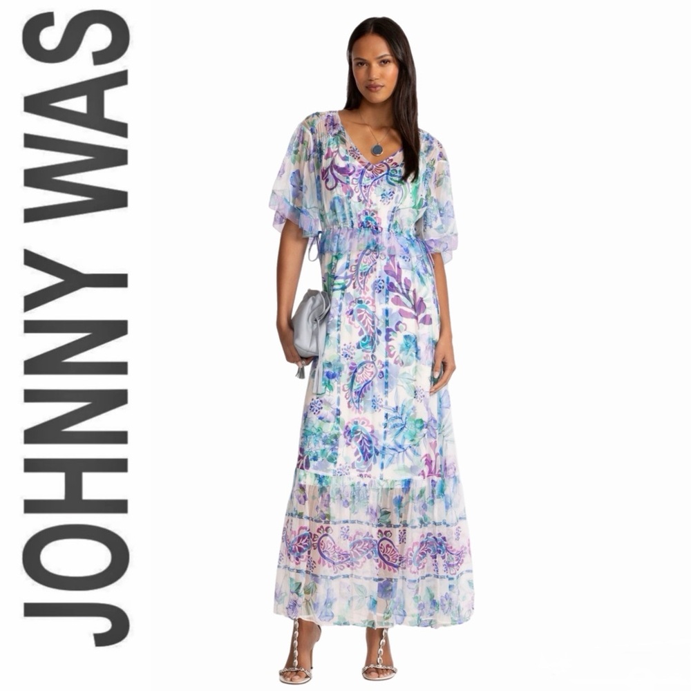 Johnny Was Ann Marie Flutter Maxi Dress NWT Large 100% Silk Boho Chic
